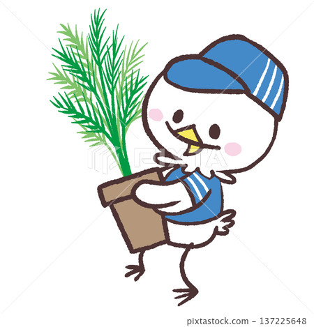 Illustration of a white bird dressed as a worker carrying a potted plant Illustration of a white bird dressed as a worker carrying a potted plant 137225648