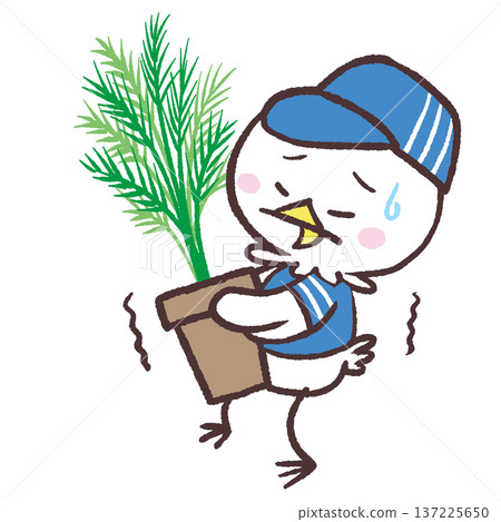 一幅插圖，描繪了一隻打扮成工人的白鳥扛著沉重的植物。 137225650