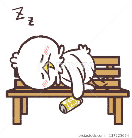 一隻醉醺醺的白鳥躺在木凳上。 一隻醉醺醺的白鳥躺在木凳上。 137225654