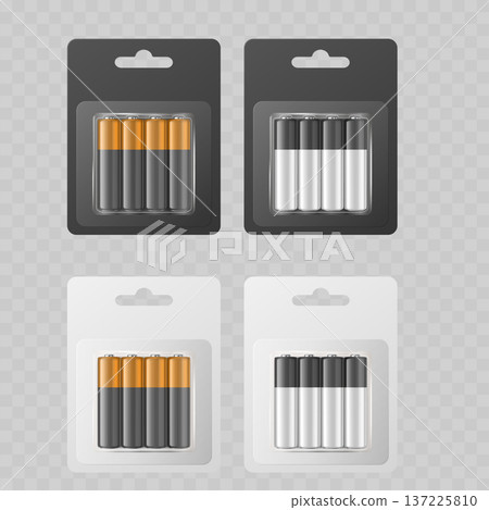 Realistic Battery Blister Pack Mockup Set. Vector AA or AAA Alkaline Power Cells in Black and White Packaging. Realistic Battery Blister Pack Mockup Set. Vector AA or AAA Alkaline Power Cells in Black and White Packaging. 137225810