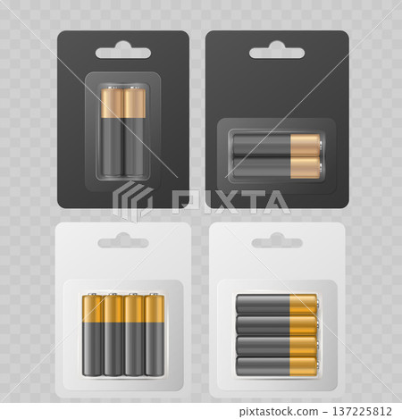 Realistic Battery Blister Pack Mockup Set. Vector AA or AAA Alkaline Power Cells in Black and White Packaging. 137225812