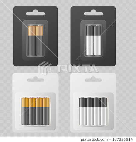 Realistic Battery Blister Pack Mockup Set. Vector AA or AAA Alkaline Power Cells in Black and White Packaging. Realistic Battery Blister Pack Mockup Set. Vector AA or AAA Alkaline Power Cells in Black and White Packaging. 137225814