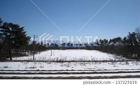 Blue sky, snowy mountains and fields with remaining snow Blue sky, snowy mountains and fields with remaining snow 137225819