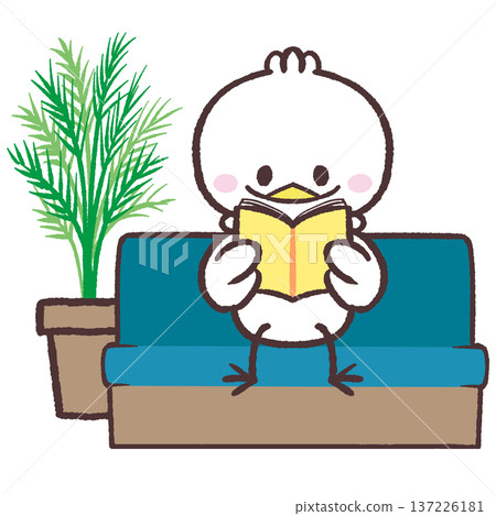 Illustration of a white bird sitting on a sofa and reading a book Illustration of a white bird sitting on a sofa and reading a book 137226181