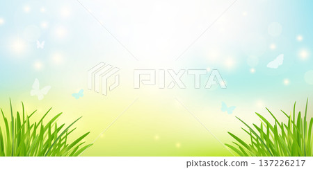 Spring background with green grass butterflies and clear blue sky in bright daylight. EPS 10 137226217