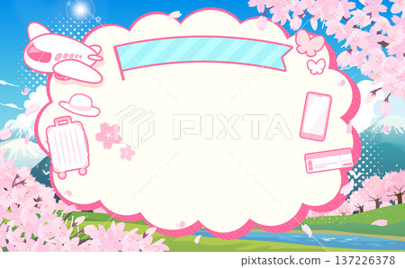 櫻花、春日景色和飛機蓬鬆框架 2_horizontal 137226378