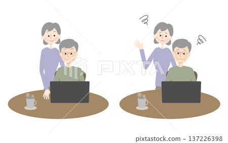 Set of facial expressions of senior couple using a computer Set of facial expressions of senior couple using a computer 137226398