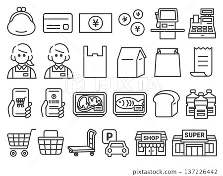 一套與超市相關的各種圖示（線圖） 137226442