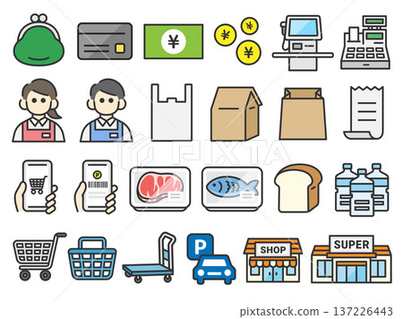 A set of various supermarket-related icons (colored line drawings) 137226443