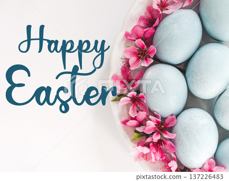 Happy Easter. Pastel blue Easter eggs and congratulatory inscription Happy Easter. Pastel blue Easter eggs and congratulatory inscription 137226483