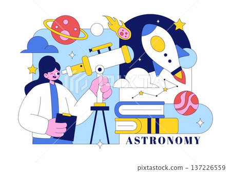Astronomy Vector Illustration Featuring People Observing a Starry Night Sky with Galaxies and Planets in Outer Space Through Telescopes 137226559
