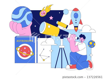 Astronomy Vector Illustration Featuring People Observing a Starry Night Sky with Galaxies and Planets in Outer Space Through Telescopes 137226561