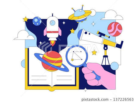 Astronomy Vector Illustration Featuring People Observing a Starry Night Sky with Galaxies and Planets in Outer Space Through Telescopes 137226563