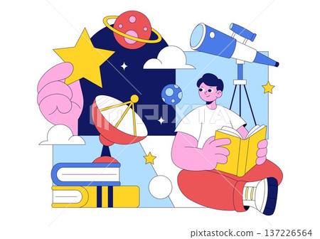 Astronomy Vector Illustration Featuring People Observing a Starry Night Sky with Galaxies and Planets in Outer Space Through Telescopes 137226564