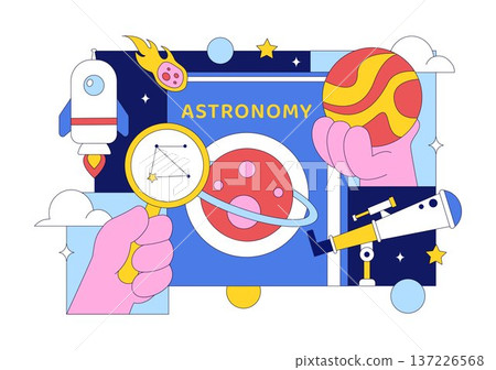 Astronomy Vector Illustration Featuring People Observing a Starry Night Sky with Galaxies and Planets in Outer Space Through Telescopes 137226568