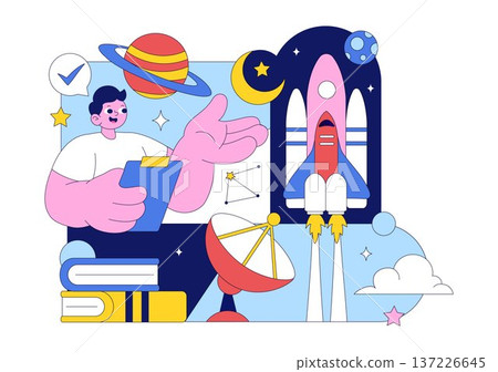 Astronomy Vector Illustration Featuring People Observing a Starry Night Sky with Galaxies and Planets in Outer Space Through Telescopes 137226645