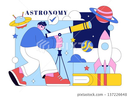 Astronomy Vector Illustration Featuring People Observing a Starry Night Sky with Galaxies and Planets in Outer Space Through Telescopes 137226648
