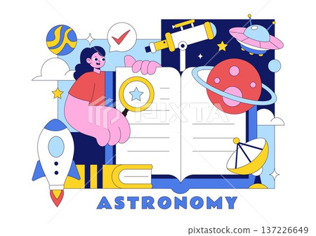 Astronomy Vector Illustration Featuring People Observing a Starry Night Sky with Galaxies and Planets in Outer Space Through Telescopes Astronomy Vector Illustration Featuring People Observing a Starry Night Sky with Galaxies and Planets in Outer Space Through Telescopes 137226649