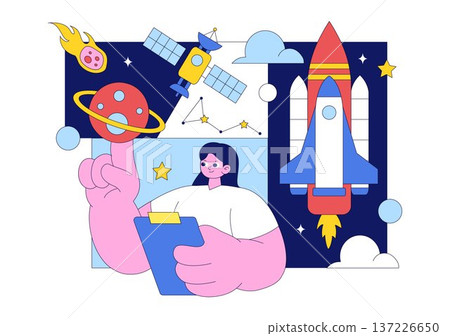 Astronomy Vector Illustration Featuring People Observing a Starry Night Sky with Galaxies and Planets in Outer Space Through Telescopes 137226650