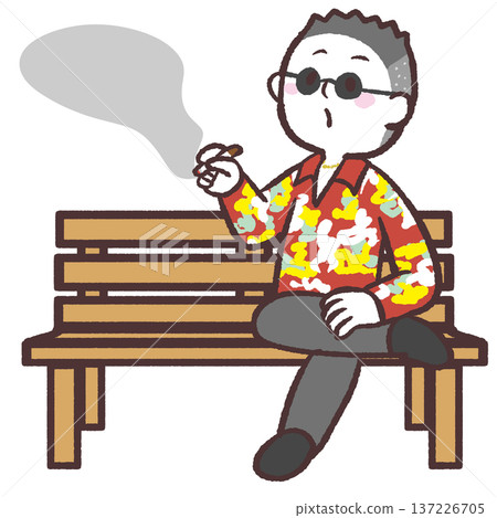圖解：一名身穿花俏襯衫的男子坐在木凳上吸煙。 137226705
