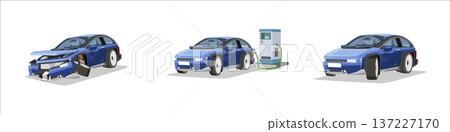 Separate layer group of three forms of luxury cross over hatchback car blue color. One for damage. Two electric cars. And three normal luxury car. On isolated white background. Separate layer group of three forms of luxury cross over hatchback car blue color. One for damage. Two electric cars. And three normal luxury car. On isolated white background. 137227170