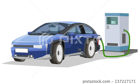 Separate layer of Electric vehicles luxury car blue color. Charging station comes with a cable and charging head that connects to the rear of the car. Show inside car. On isolated white background. Separate layer of Electric vehicles luxury car blue color. Charging station comes with a cable and charging head that connects to the rear of the car. Show inside car. On isolated white background. 137227171