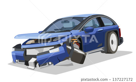 Separate layer of damage luxury cross over hatchback car blue color. Car front bumper was damaged. The front wheel came off and the tire was flat. Show inside car. On isolated white background. 137227172