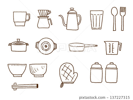 Hand-drawn kitchen accessories line drawing illustration set (transparent background) 137227315
