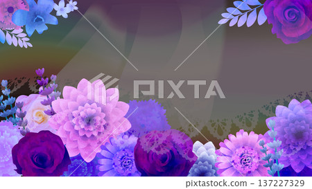 Purple flowers and lace background on black background 137227329
