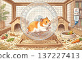 Djungarian hamster running on a wheel in a cage 137227413