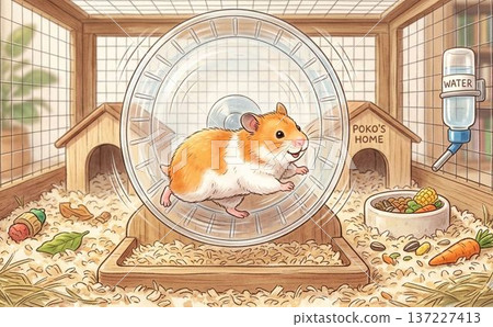 籠子裡的侏儒倉鼠在滾輪上奔跑 137227413