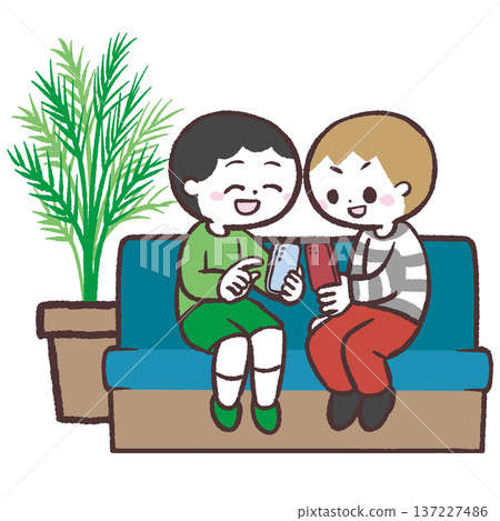 兒童坐在沙發上使用智慧型手機的插圖 137227486