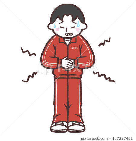 Illustration of a boy in a red jersey holding his stomach Illustration of a boy in a red jersey holding his stomach 137227491