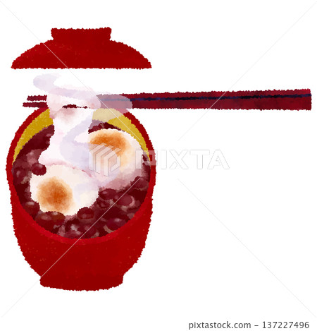 Steaming round rice cake sweet soup with plenty of stretch, red bowl with lid, watercolor touch Steaming round rice cake sweet soup with plenty of stretch, red bowl with lid, watercolor touch 137227496
