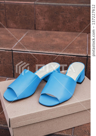 Elegant blue leather womens shoes blank product for branding displayed recyclable packaging. New casual female sneakers no-brand footwear e-commerce. No logo product unbranded fashion Elegant blue leather womens shoes blank product for branding displayed recyclable packaging. New casual female sneakers no-brand footwear e-commerce. No logo product unbranded fashion 137227612