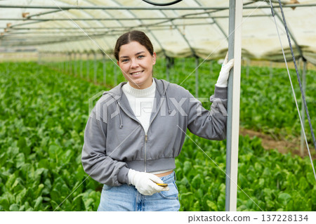Portrait of young female plantation garden owner standing in greenhouse 137228134