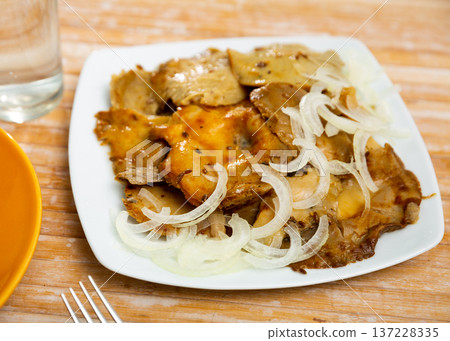 Salad bowl with pickled brittlegills and sliced white onions Salad bowl with pickled brittlegills and sliced white onions 137228335