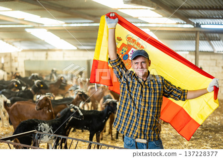 Farmer holding spanish flag in goat pen at farm Farmer holding spanish flag in goat pen at farm 137228377