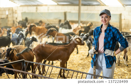 Confident positive female farmer posing in goat shed Confident positive female farmer posing in goat shed 137228499