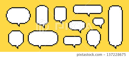 Blank pixel text box set. Empty pixelated chat frame collection. Retro 8 bit border shape pack for speach box bubble, message cloud, communication dialog, talk balloon. Vector illustration bundle Blank pixel text box set. Empty pixelated chat frame collection. Retro 8 bit border shape pack for speach box bubble, message cloud, communication dialog, talk balloon. Vector illustration bundle 137228675