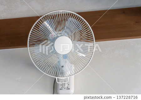 A white wall fan seen from directly above and a cool interior A white wall fan seen from directly above and a cool interior 137228716