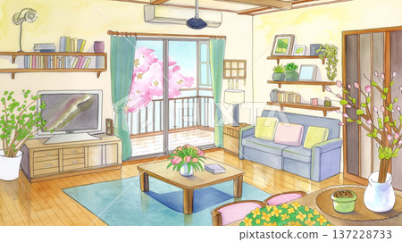 一幅水彩插畫，描繪了一個溫馨的客廳，綠植環繞，沙發和桌子擺放在一起。 137228733