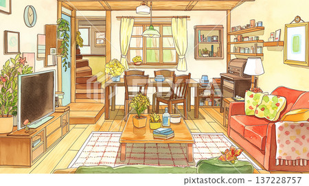 水彩風格的室內插畫，描繪了一個擺放著綠植、沙發和矮桌的客廳。 137228757