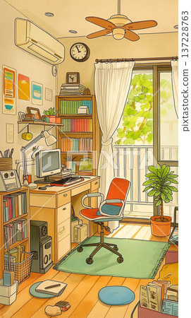 客廳室內水彩插畫，植物與家具和諧搭配，包括沙發、桌子、書架和窗台。 137228763