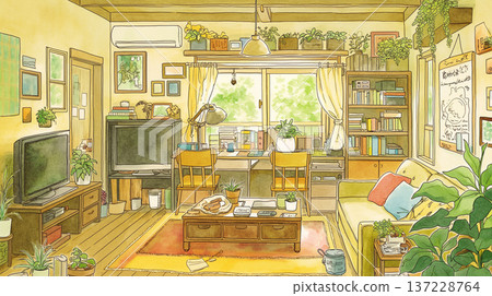 客廳室內水彩插畫，植物與家具和諧搭配，包括沙發、桌子、書架和窗台。 137228764