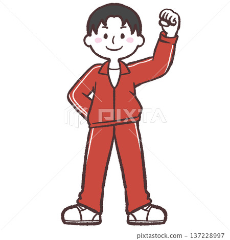 圖：一個身穿紅色運動衫的男孩揮舞著拳頭 137228997