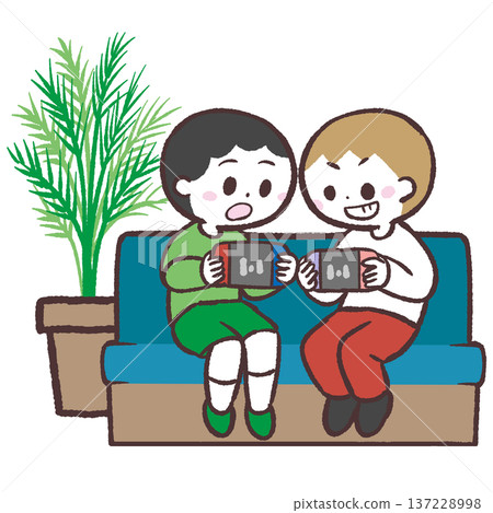 Illustration of children sitting on a sofa and playing games side by side Illustration of children sitting on a sofa and playing games side by side 137228998