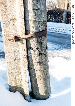 Broken Wooden Utility Pole Secured To Concrete Post With Metal Clamp In Winter Broken Wooden Utility Pole Secured To Concrete Post With Metal Clamp In Winter 137229383