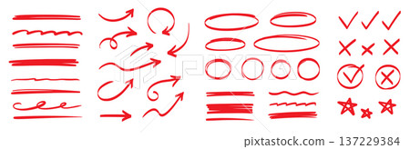 Line marker highlight, arrow, check mark red set. Line red marker hand drawn pen brush stroke underline check. Star oval sticker sign note scribble emphasis icon element. Vector 137229384
