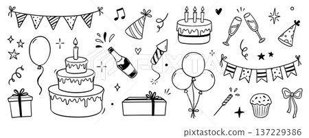 Birthday doodle icon element. Hand drawn sketch doodle birthday cake, party gift, event hat cute decoration element. Party, carnival celebration concept background. Vector 137229386